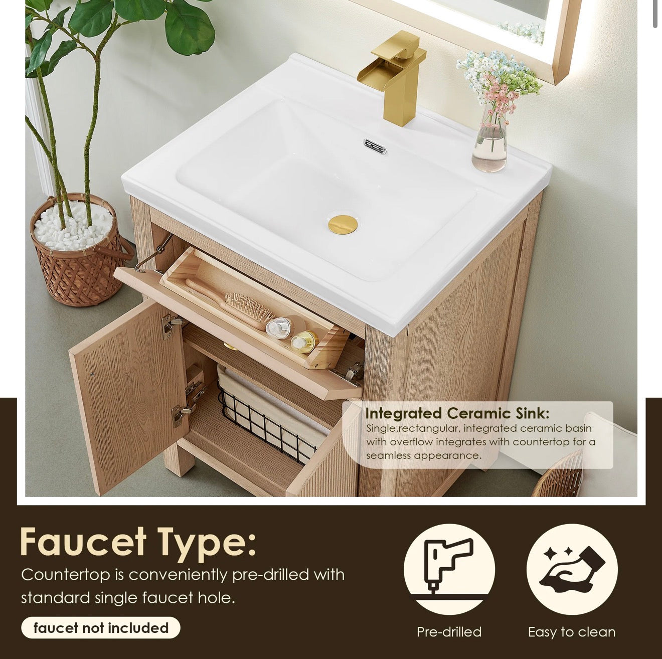 Altair Cerrito 24" Single Bathroom Vanity with White Ceramic Integrated Sink without Mirror