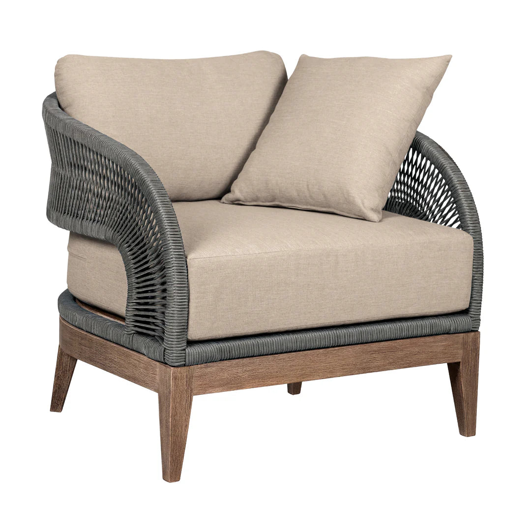 Armen Living Orbit Outdoor Patio 4 Piece Conversation Set in Weathered Eucalyptus Wood with Gray Rope and Taupe Olefin Cushions