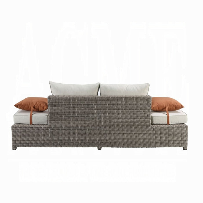 ACME Beige Fabric & Gray Wicker Salena Patio Sofa W/2 Pillows & Ottoman