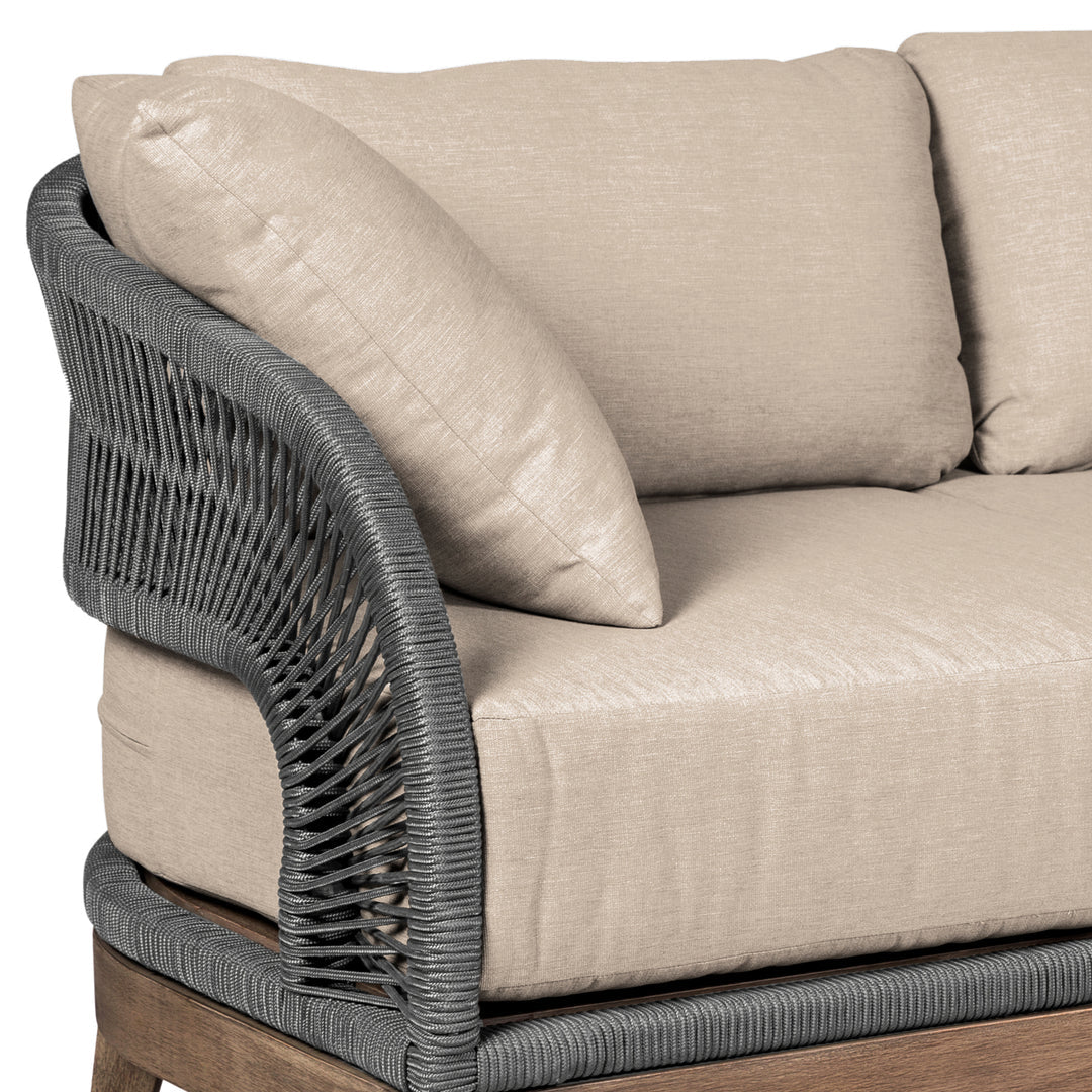Armen Living Orbit Outdoor Patio Sofa in Weathered Eucalyptus Wood with Gray Rope and Taupe Olefin Cushions