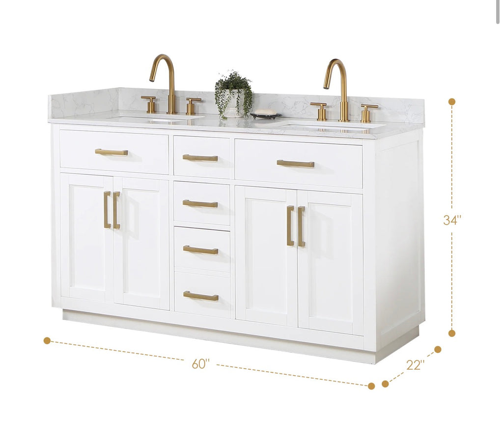 Altair Gavino 60" Double Bathroom Vanity in Light Brown with Grain White Engineered Stone Countertop without Mirror