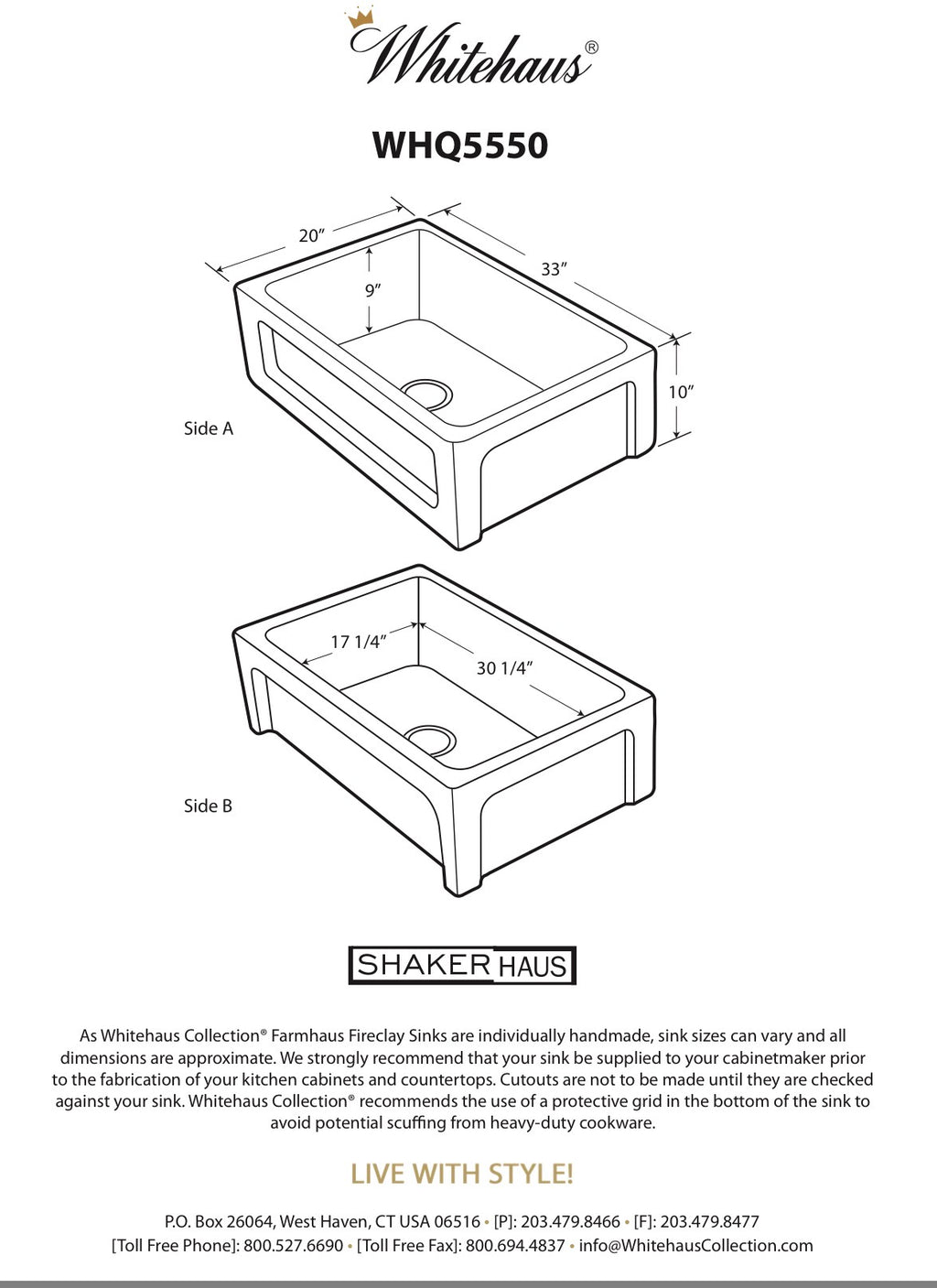 Whitehaus Shakerhaus 33" Reversible Kitchen Fireclay Sink with Shaker Design