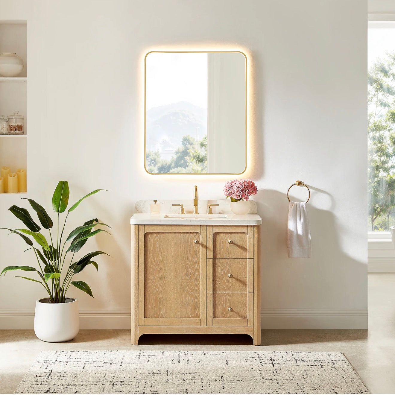 Altair Milner Bathroom Vanity in Brushed Oak with Grain White Engineered Stone Countertop without Mirror