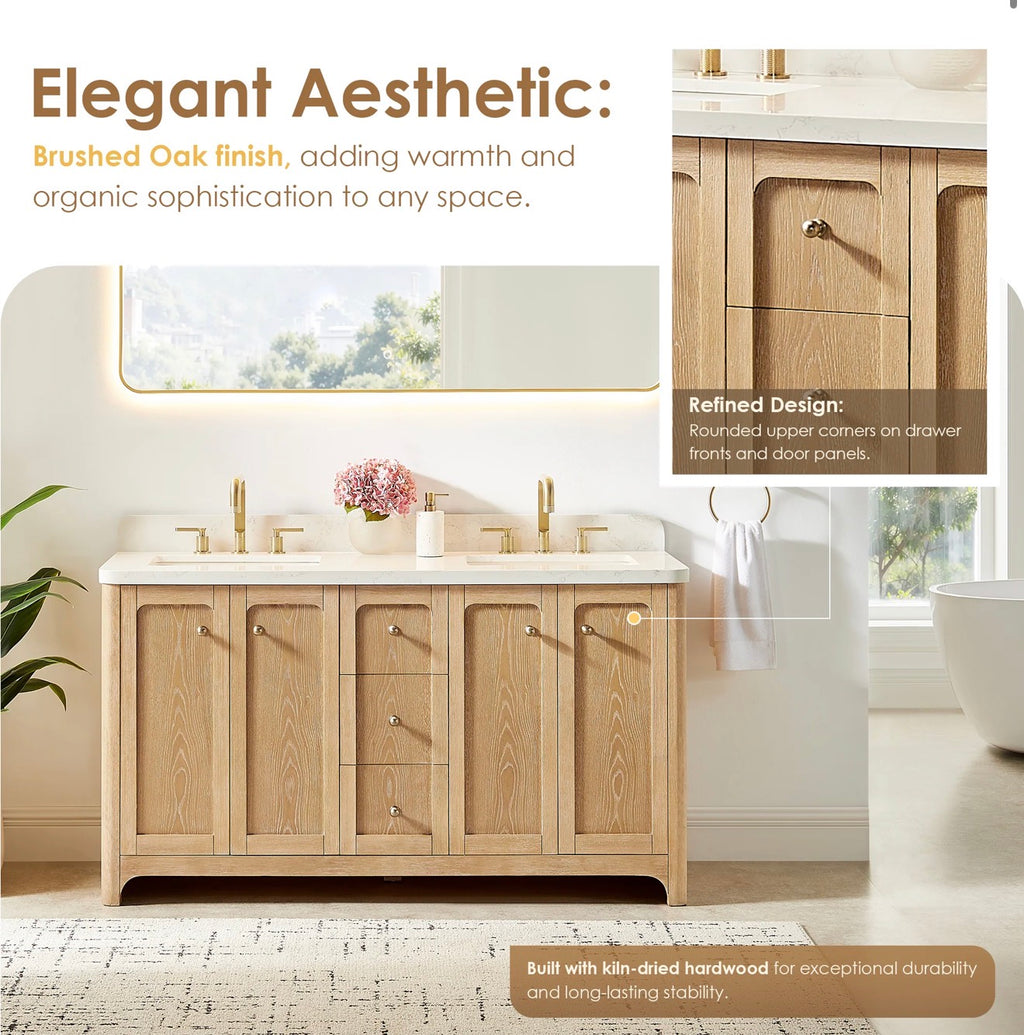 Altair Milner Bathroom Vanity in Brushed Oak with Grain White Engineered Stone Countertop without Mirror