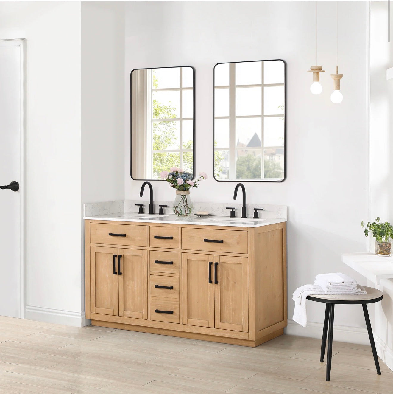 Altair Gavino 60" Double Bathroom Vanity in Light Brown with Grain White Engineered Stone Countertop without Mirror