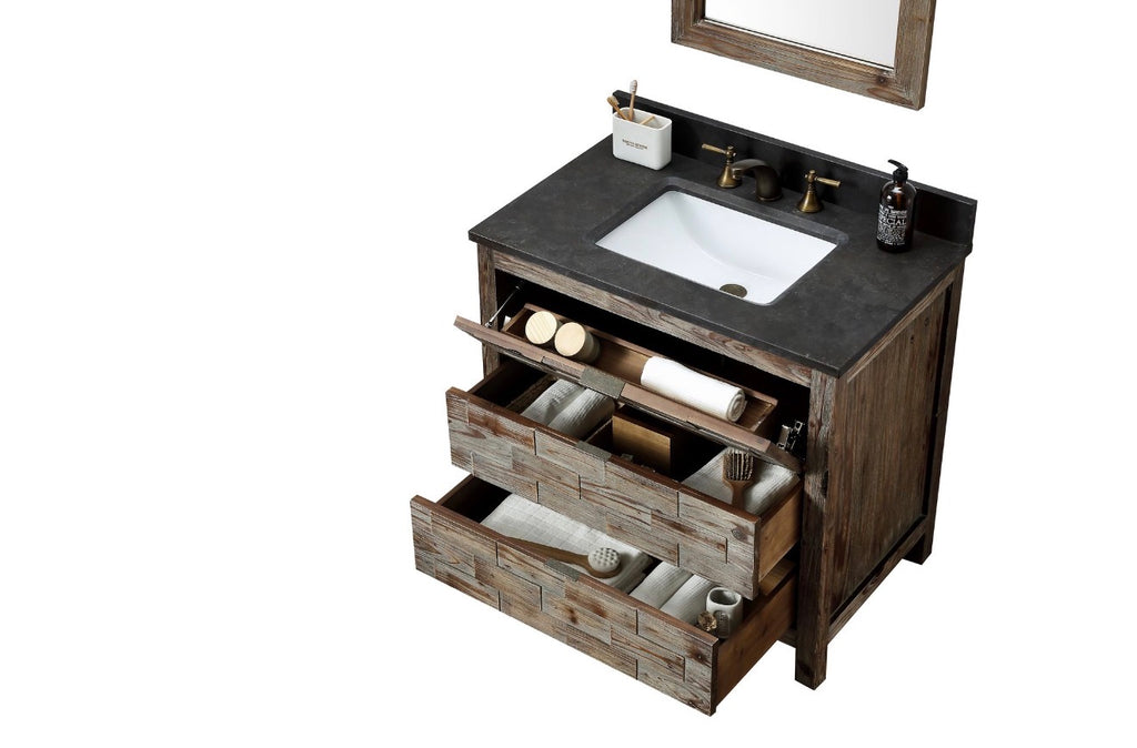 Legion Furniture 36" Rustic Solid Wood Bathroom Vanity with Moon Stone Marble Top – No Faucet