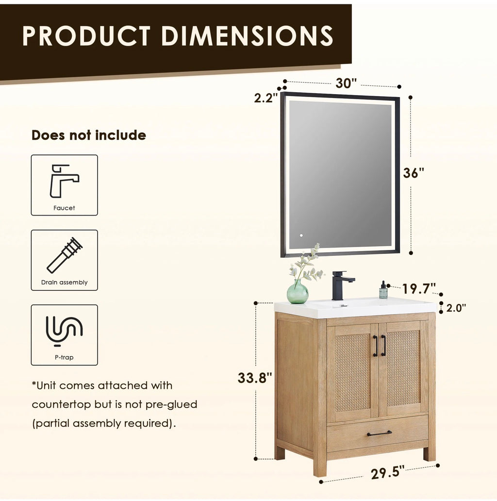 Altair Bondi single Bathroom Vanity in Light Brown with white artificial Drop-in Sink without mirror