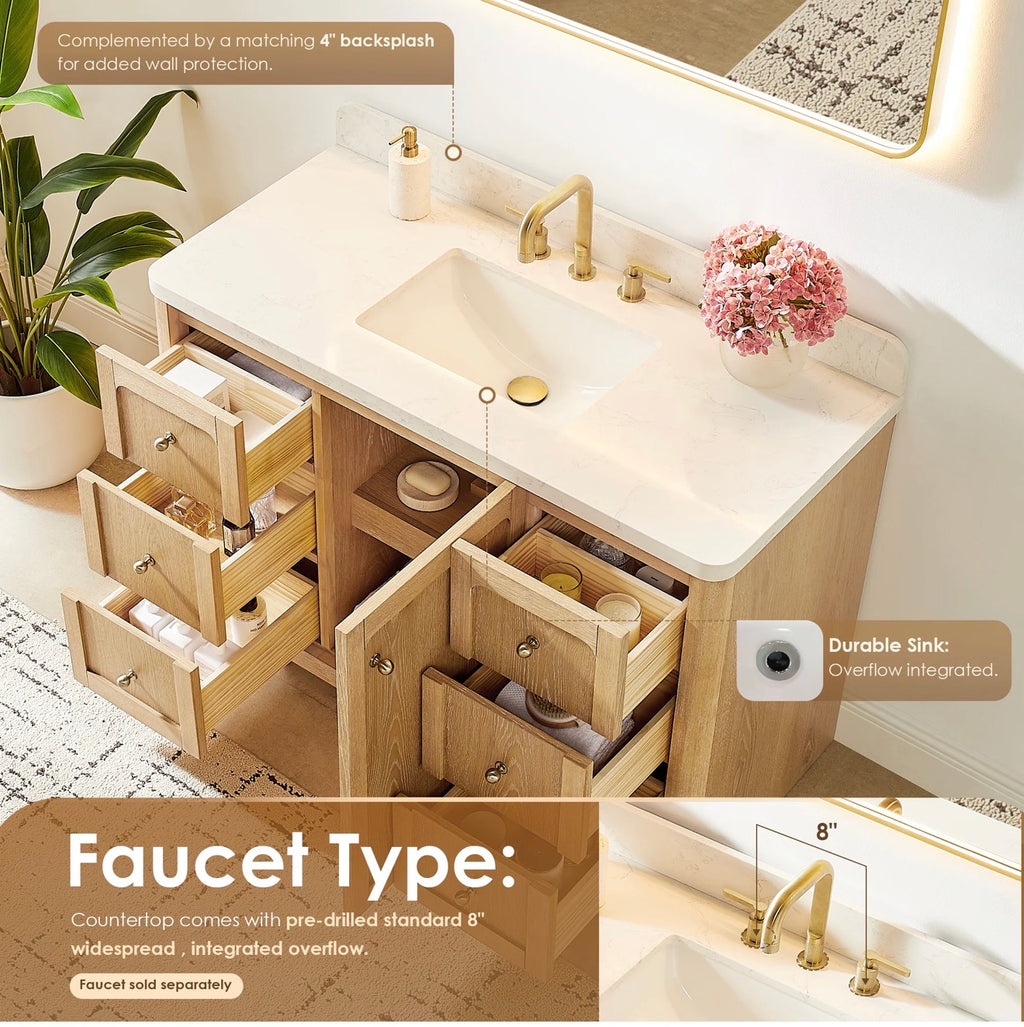 Altair Milner Bathroom Vanity in Brushed Oak with Grain White Engineered Stone Countertop without Mirror