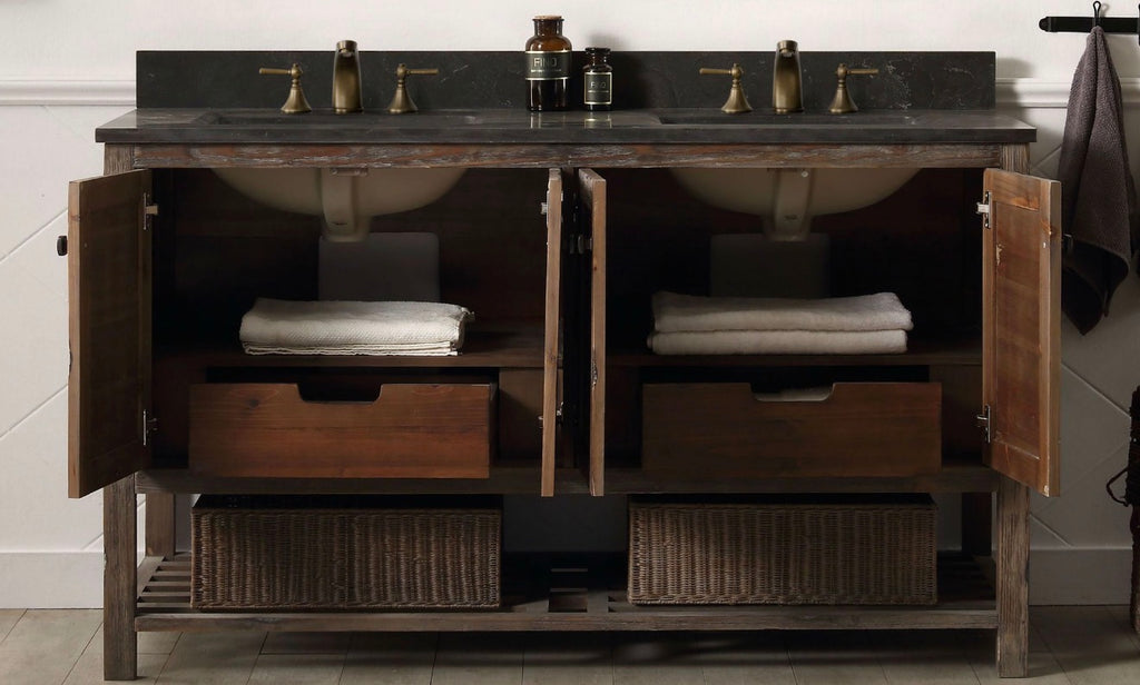 Legion Furniture Solid Wood Bathroom Vanity with Natural Moon Stone Top – Brown Rustic (36", 48", 60")