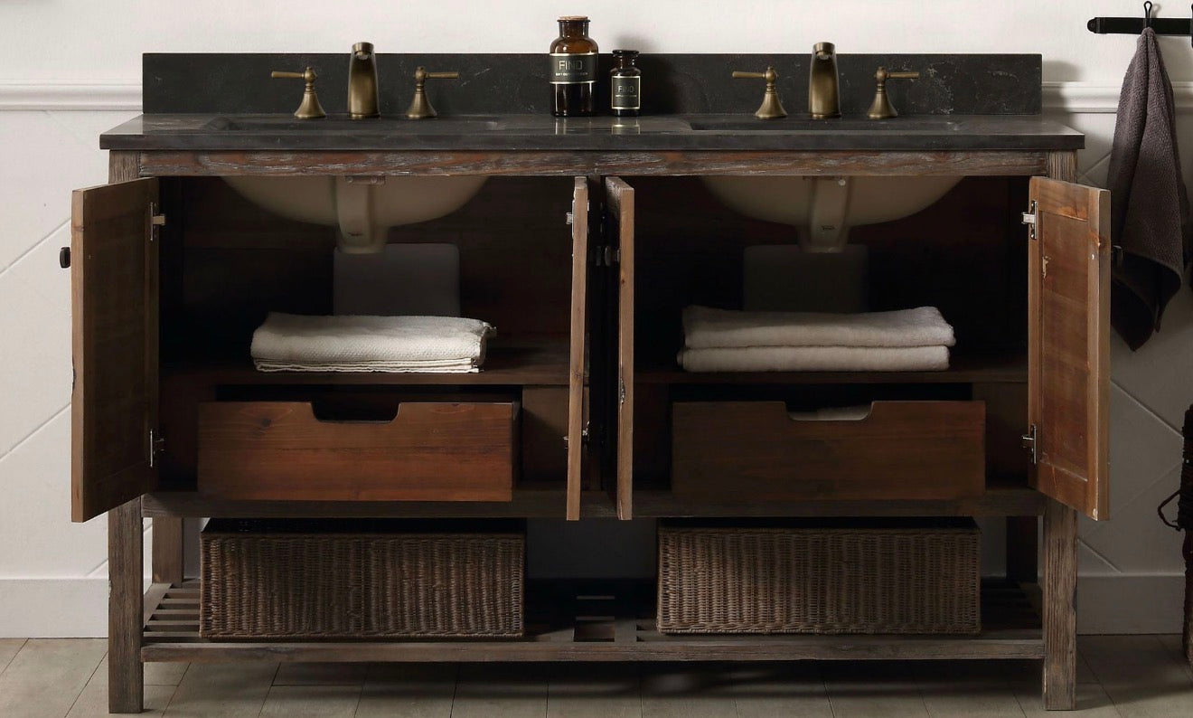 Legion Furniture Solid Wood Bathroom Vanity with Natural Moon Stone Top – Brown Rustic (36", 48", 60")