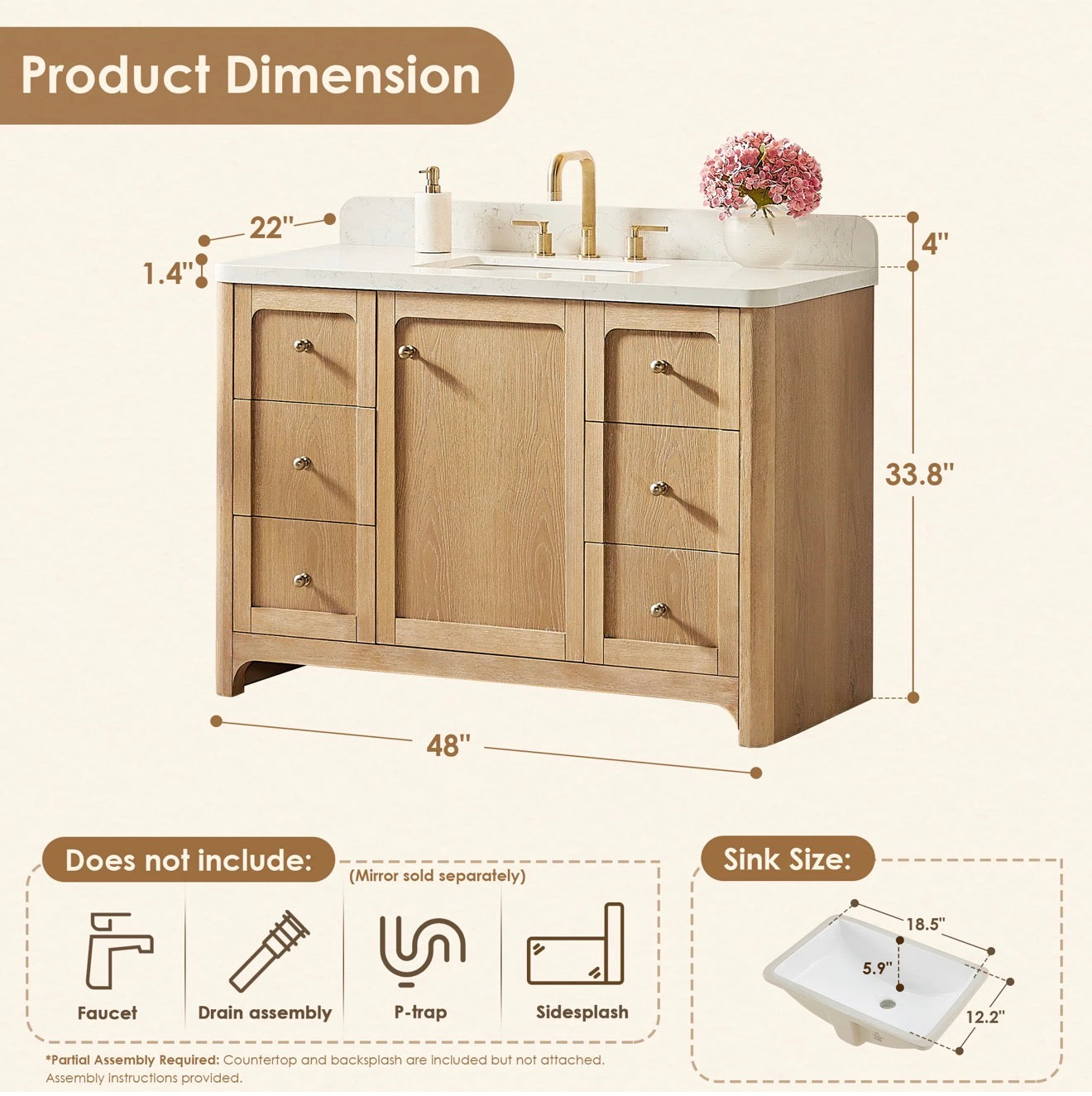 Altair Milner Bathroom Vanity in Brushed Oak with Grain White Engineered Stone Countertop without Mirror