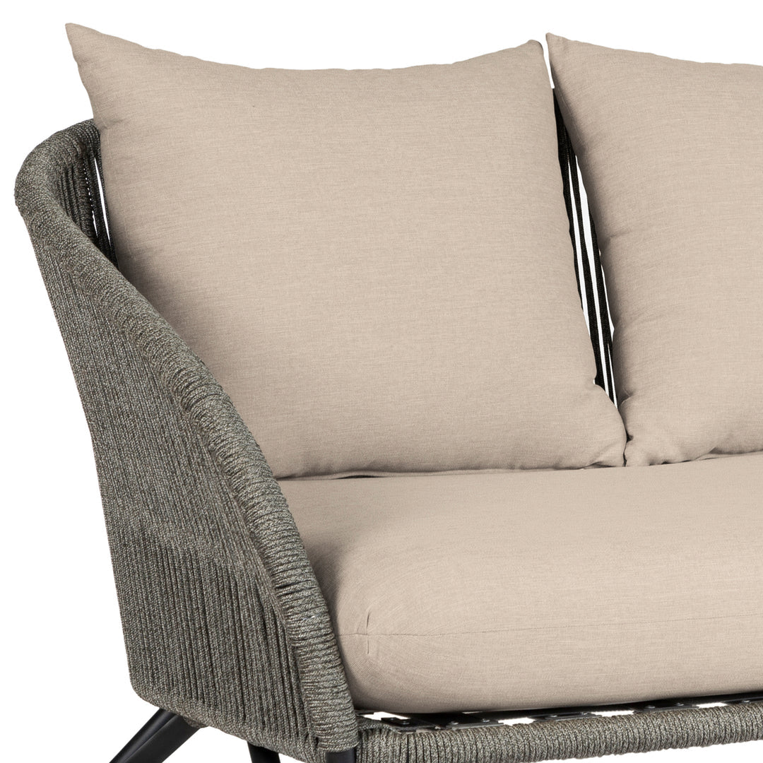Armen Living  Benicia Outdoor Patio Sofa in Black Steel with Gray Rope and Taupe Olefin Cushions