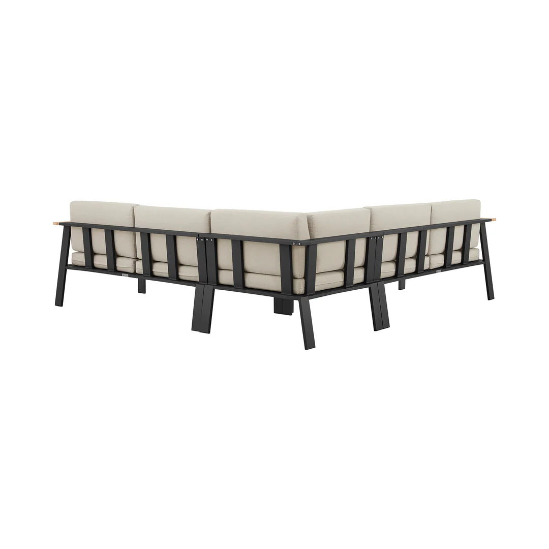 Armen Living Nofi Outdoor Patio Sectional Set in Charcoal Finish with Taupe Cushions and Teak Wood