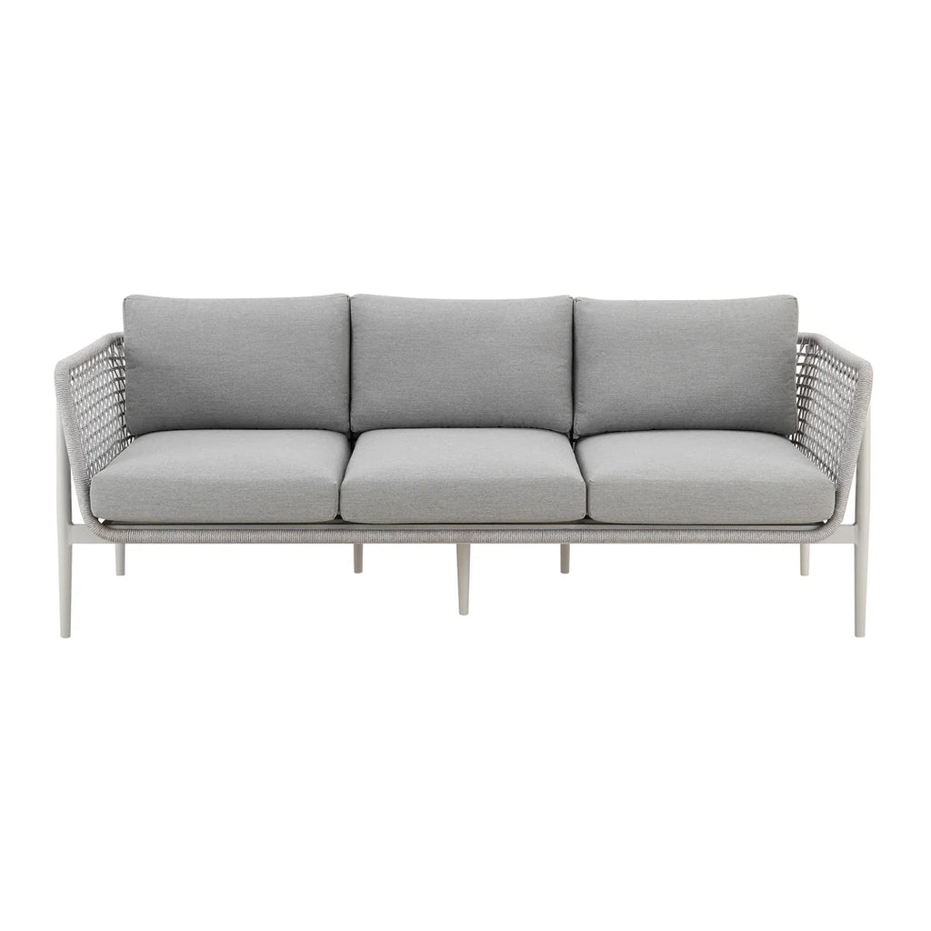 Armen Living Rhodes Outdoor Patio Sofa in Aluminum with Light Gray Rope and Cushions