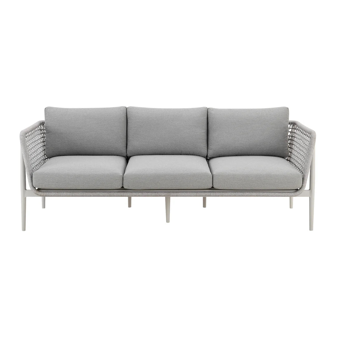 Armen Living Rhodes Outdoor Patio Sofa in Aluminum with Light Gray Rope and Cushions