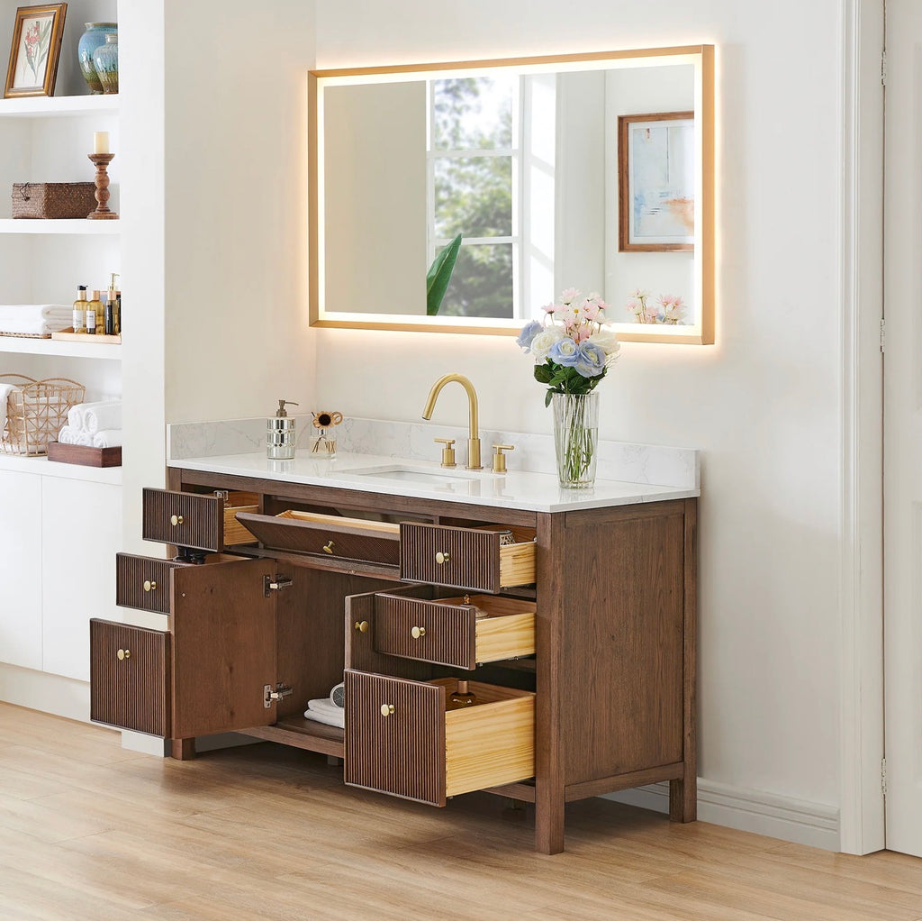 Altair Cerrito 60" Single Bathroom Vanity with Grain White Engineered Stone Countertop without Mirror