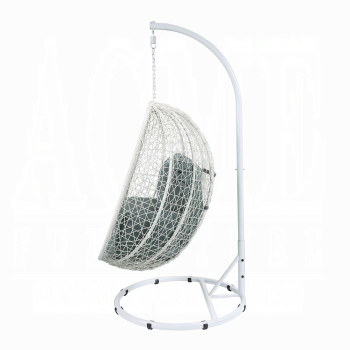 ACME Green Fabric & White Wicker Simona Hanging Chair