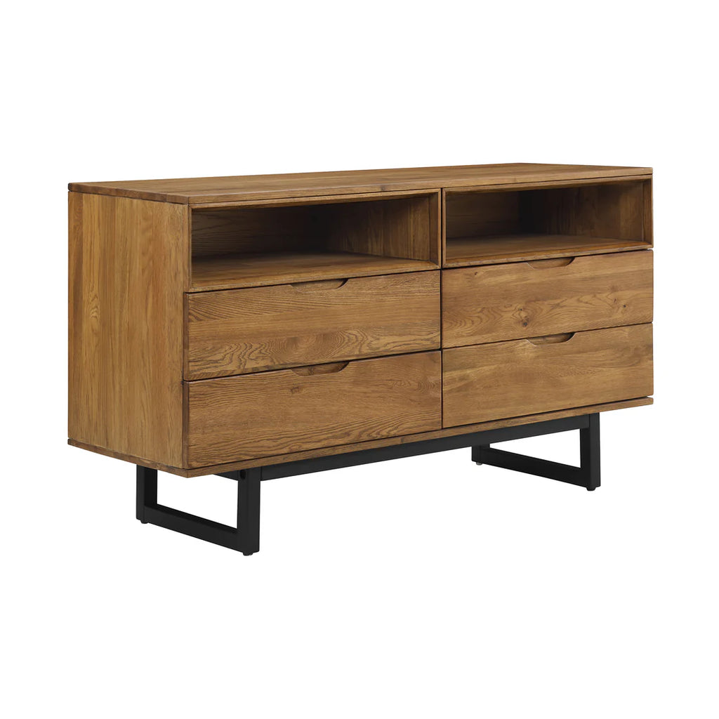 Armen Living Aldo 4 Drawer Dresser in Brown Oak Wood with Black Metal Legs