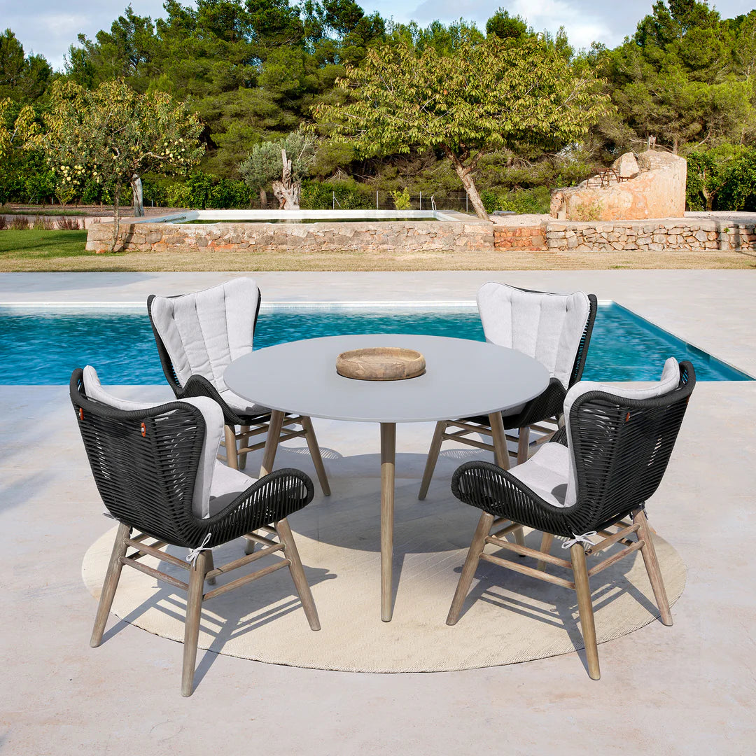 Armen Living Kylie and Mateo 5 Piece Outdoor Patio Dining Set in Eucalyptus Wood with Truffle Rope and Gray Cushions