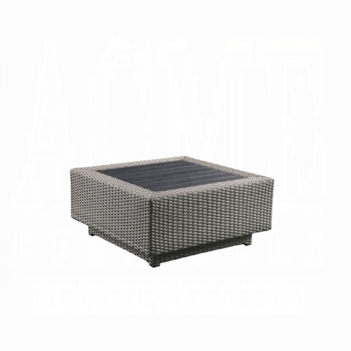 ACME Beige Fabric & Gray Wicker Salena Patio Sectional Sofa W/4 Pillows & Coffee Table