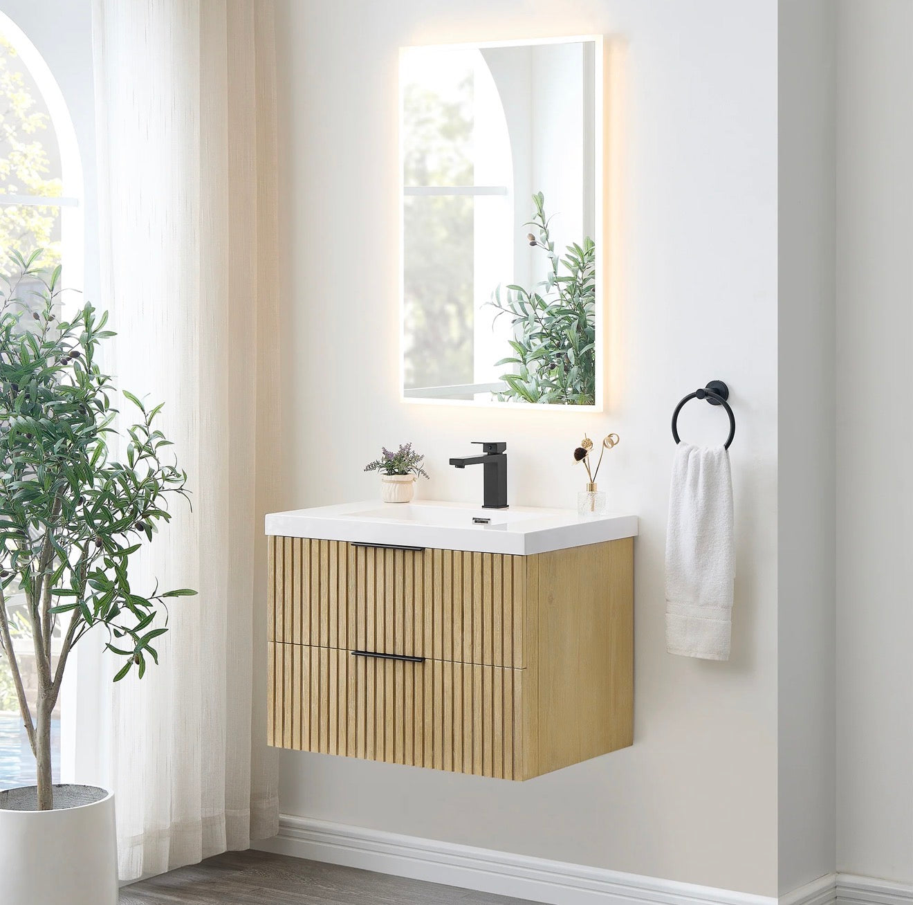 Altair Livia 30" Wall-mounted Single Bathroom Vanity in Nature Brown with White Artificial Drop-in Sink without Mirror