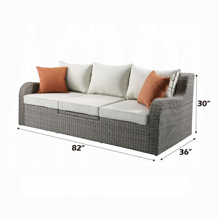 ACME Beige Fabric & Gray Wicker Salena Patio Sofa W/2 Pillows & 2 Ottomans