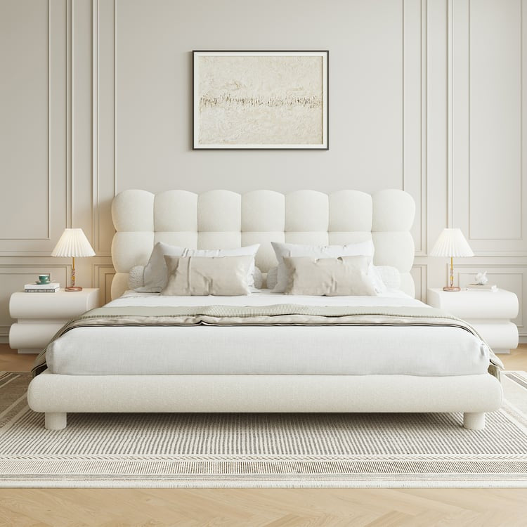 White Bouclé Upholstered Platform Bubble Queen Bed Frame