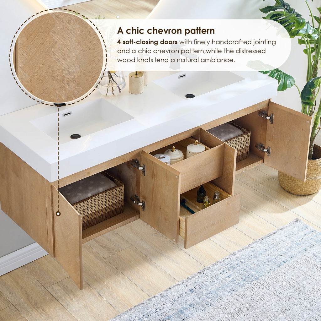 Altair Siena 60" Wall-mounted Double Bathroom Vanity in Light Brown with White Artificial Drop-in Sink