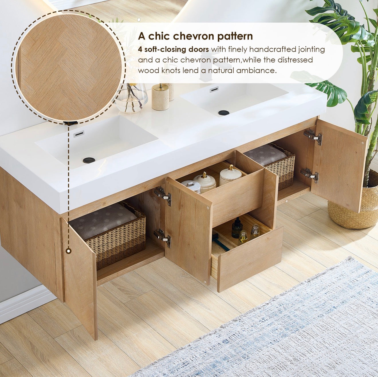 Altair Siena 60" Wall-mounted Double Bathroom Vanity in Light Brown with White Artificial Drop-in Sink