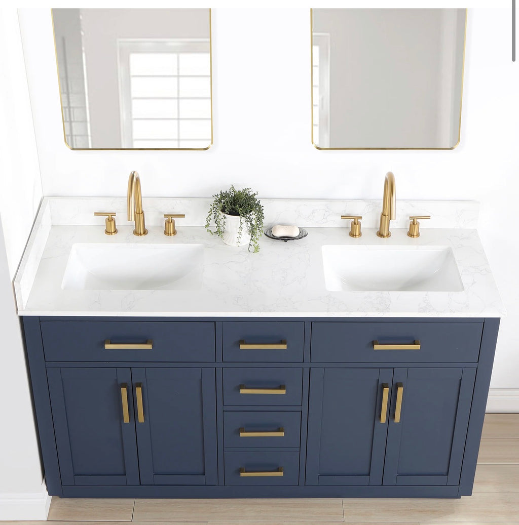 Altair Gavino 60" Double Bathroom Vanity in Light Brown with Grain White Engineered Stone Countertop without Mirror