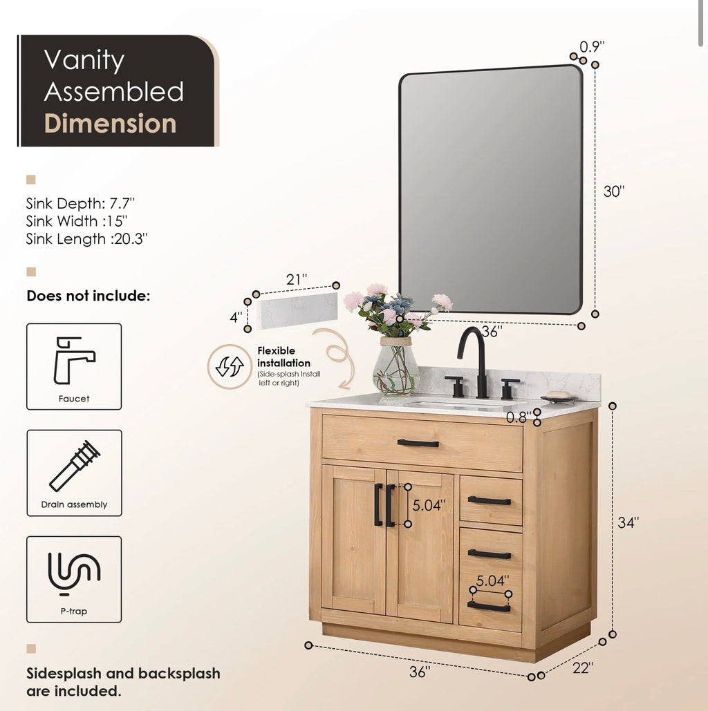 Altair  Gavino 36" Single Bathroom Vanity with Grain White Engineered Stone Countertop