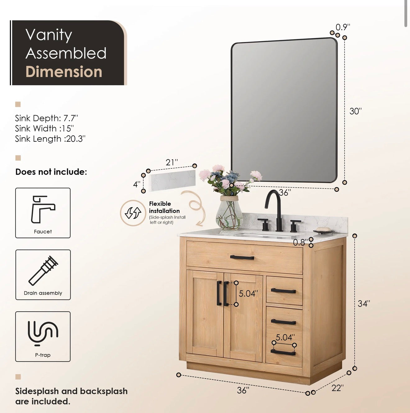 Altair  Gavino 36" Single Bathroom Vanity with Grain White Engineered Stone Countertop