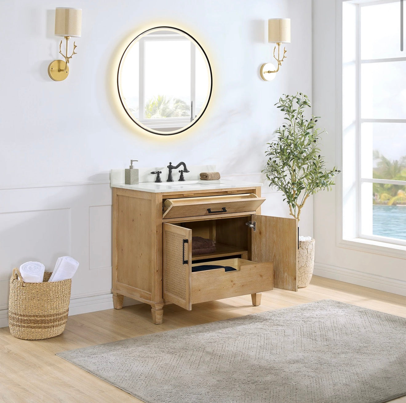 Altair Solana 36" Single Bathroom Vanity in Weathered Fir with Calacatta White Quartz Countertop