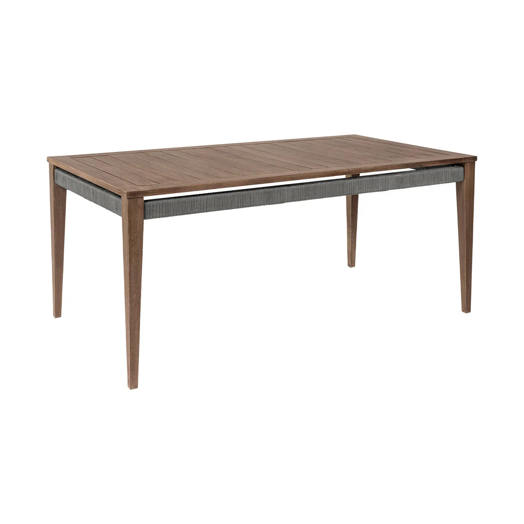 Armen Living Orbit Outdoor Patio 5 Piece Dining Set in Weathered Eucalyptus Wood with Gray Rope and Taupe Olefin Cushions