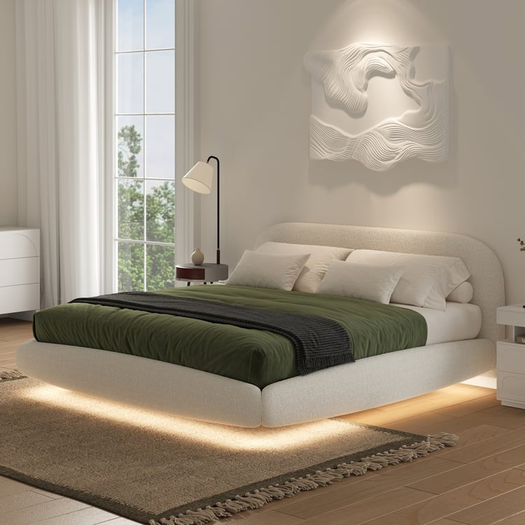King Size Bouclé Upholstered Floating Bed Frame with Motion Sensor LED Lights