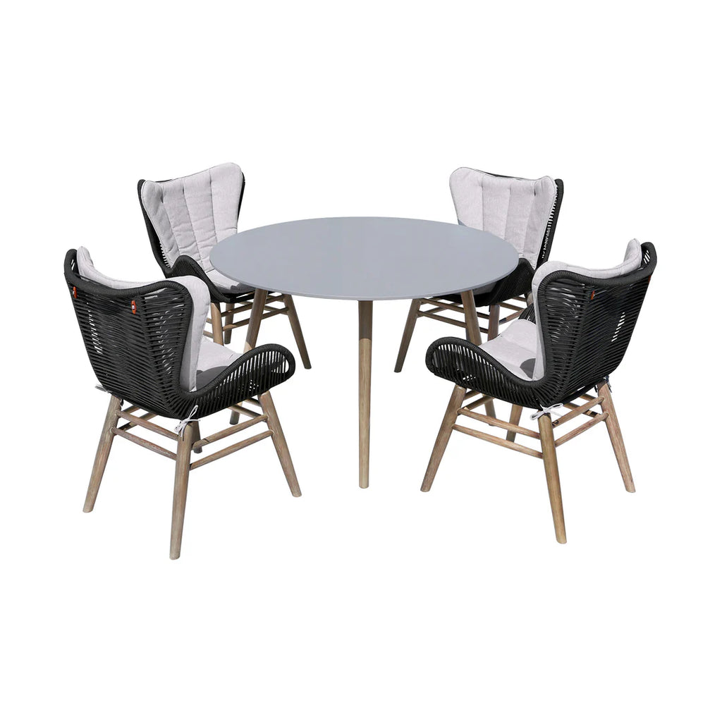 Armen Living Kylie and Mateo 5 Piece Outdoor Patio Dining Set in Eucalyptus Wood with Truffle Rope and Gray Cushions