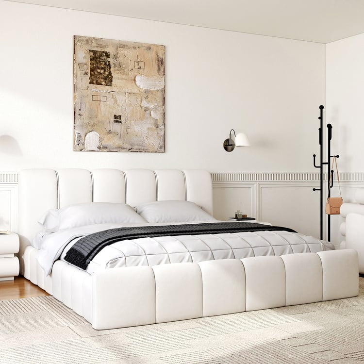 Humply Modern Leather Wingback King Bed Frame with Upholstered Headboard