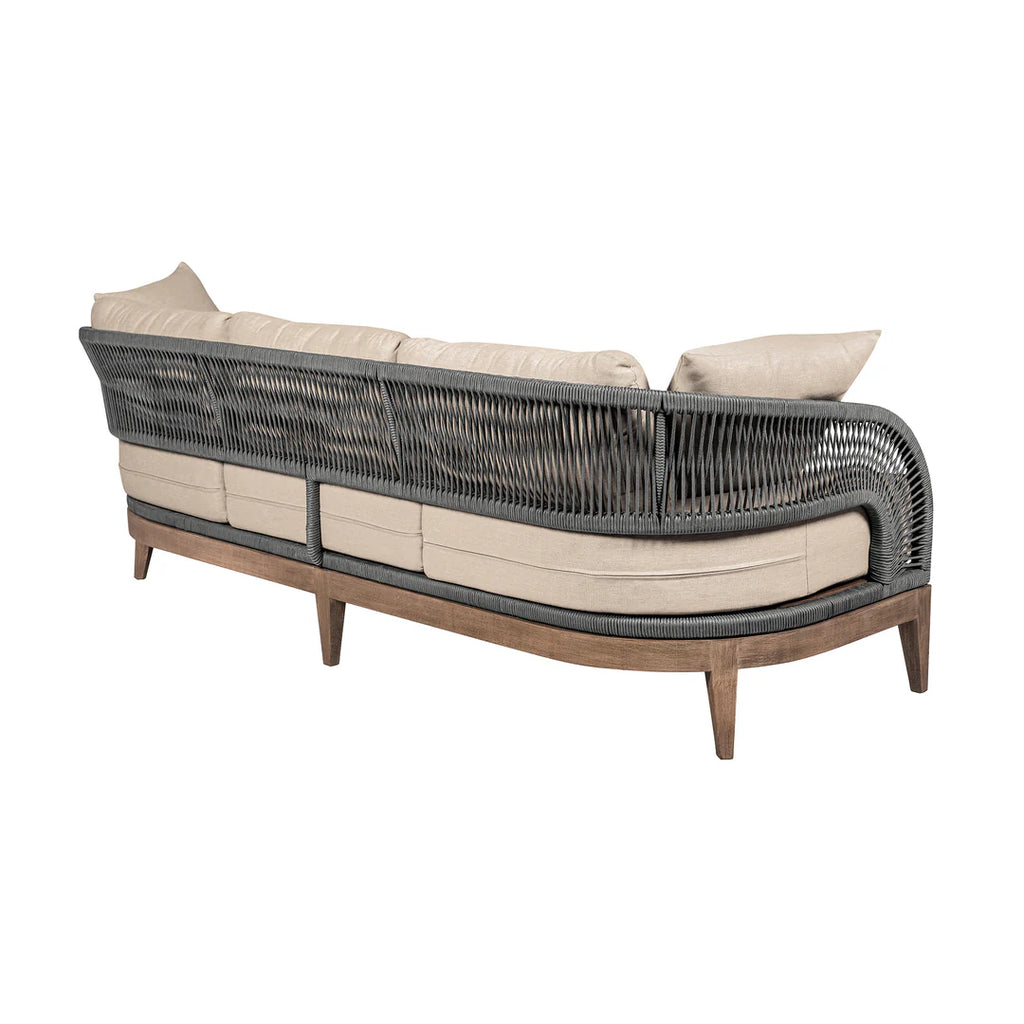 Armen Living Orbit Outdoor Patio Sofa in Weathered Eucalyptus Wood with Gray Rope and Taupe Olefin Cushions