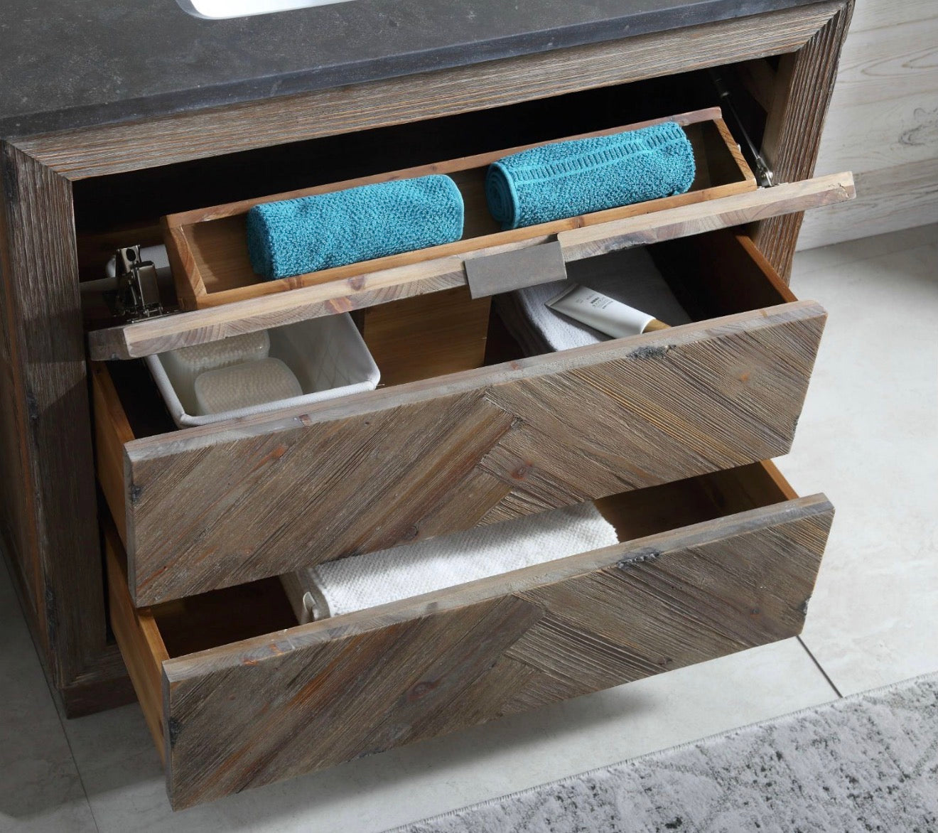 Legion Furniture Rustic Solid Wood Bathroom Vanity with Natural Moon Stone Top – No Faucet