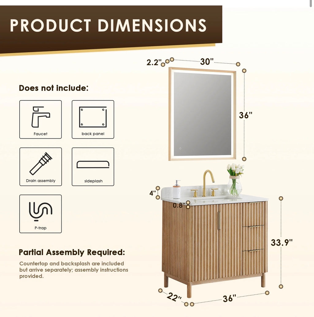 Altair Sierra 36" Single Bathroom Vanity in Washed Light Brown with Grain White Engineered Stone Countertop without Mirror
