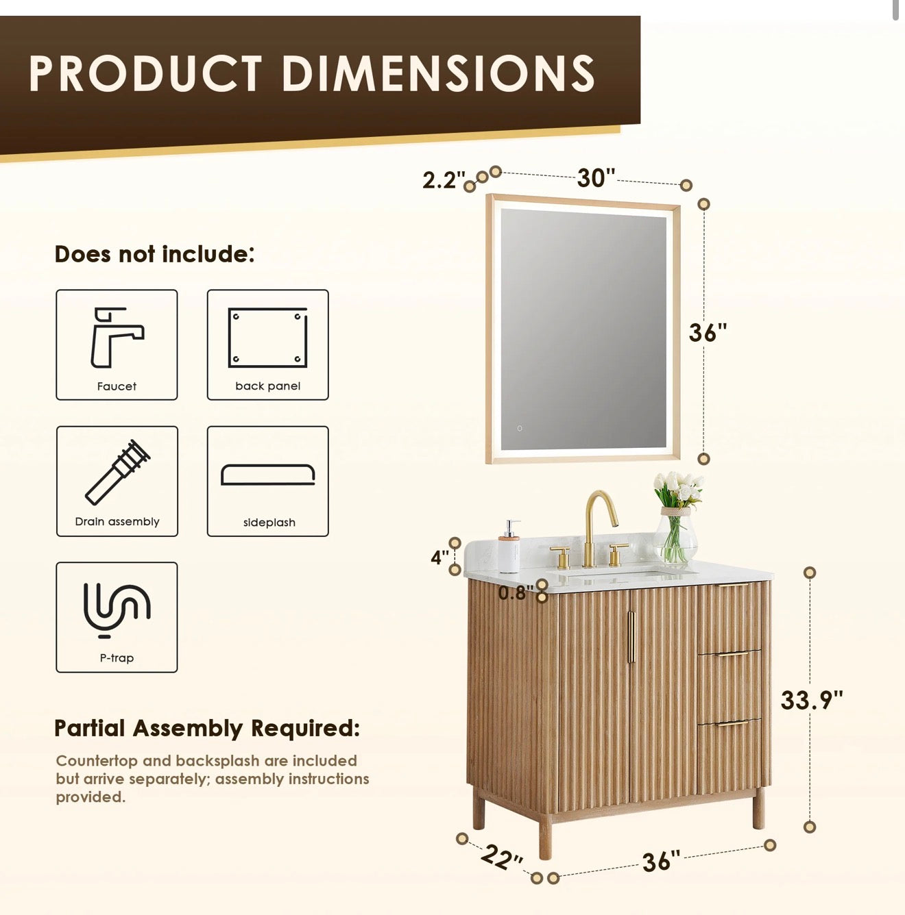 Altair Sierra 36" Single Bathroom Vanity in Washed Light Brown with Grain White Engineered Stone Countertop without Mirror