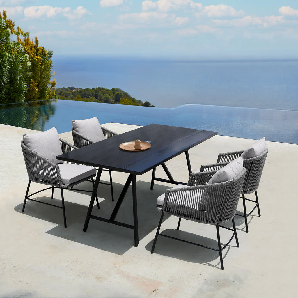 Armen Living Frinton and Ditas 5 Piece Dining Set in Dark Eucalyptus and Metal with Gray Rope