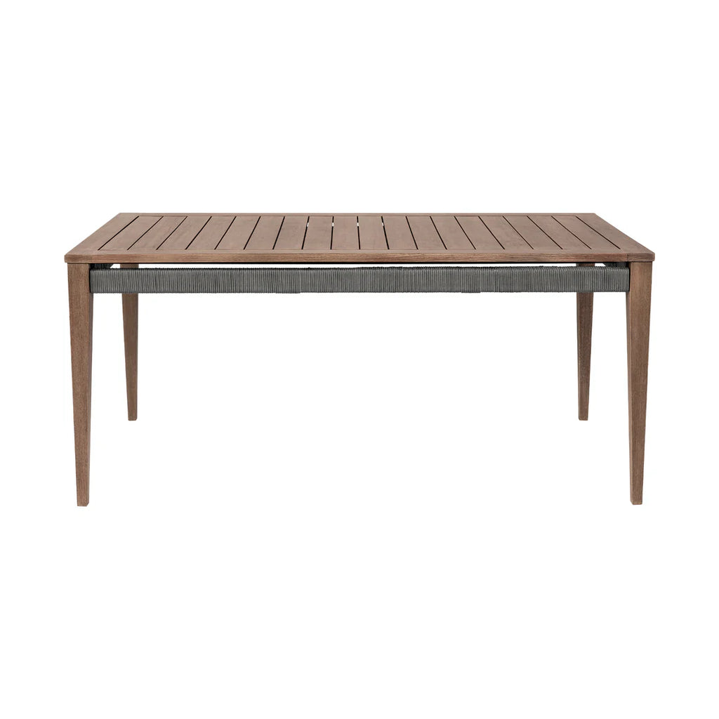 Armen Living Orbit Outdoor Patio 5 Piece Dining Set in Weathered Eucalyptus Wood with Gray Rope and Taupe Olefin Cushions