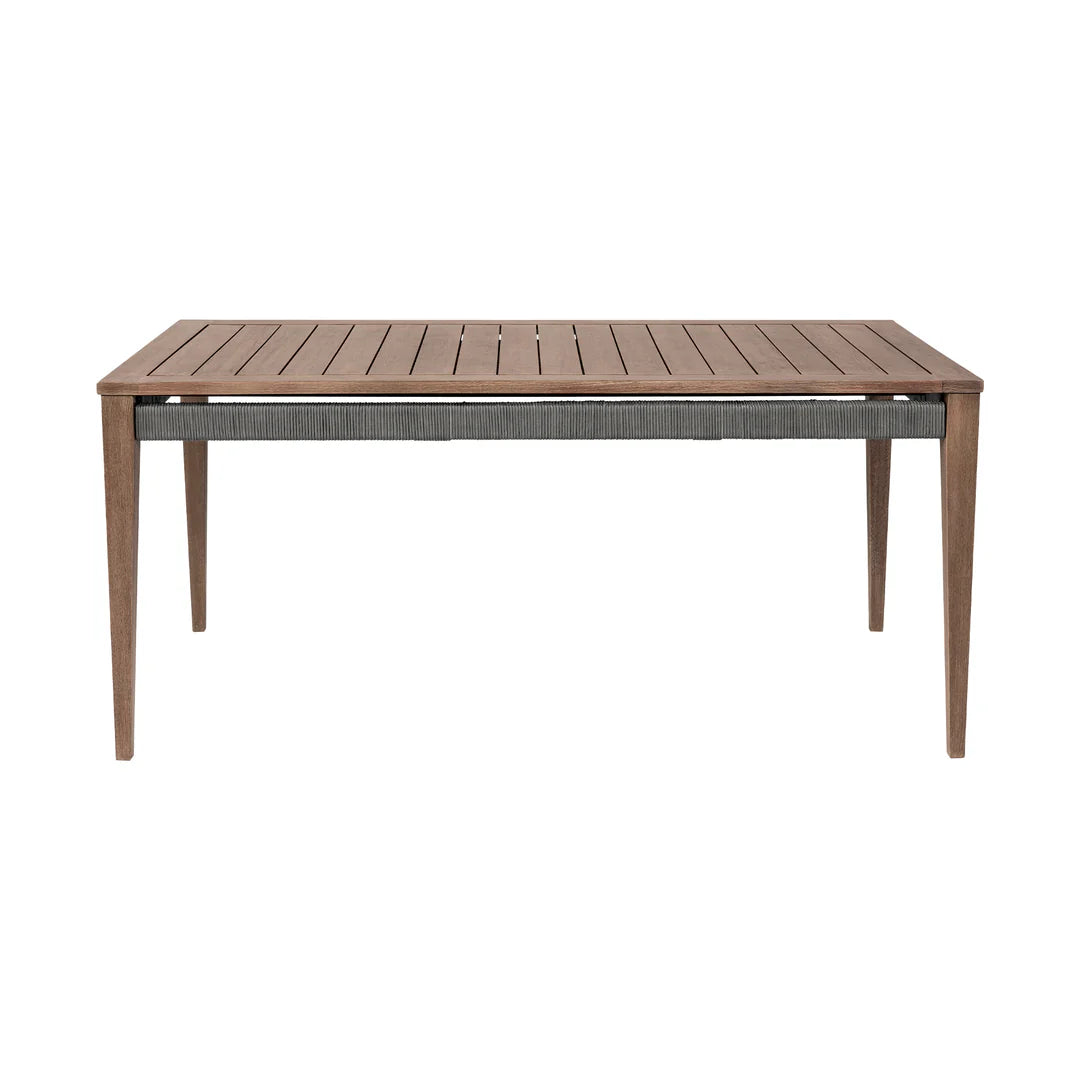 Armen Living Orbit Outdoor Patio 5 Piece Dining Set in Weathered Eucalyptus Wood with Gray Rope and Taupe Olefin Cushions
