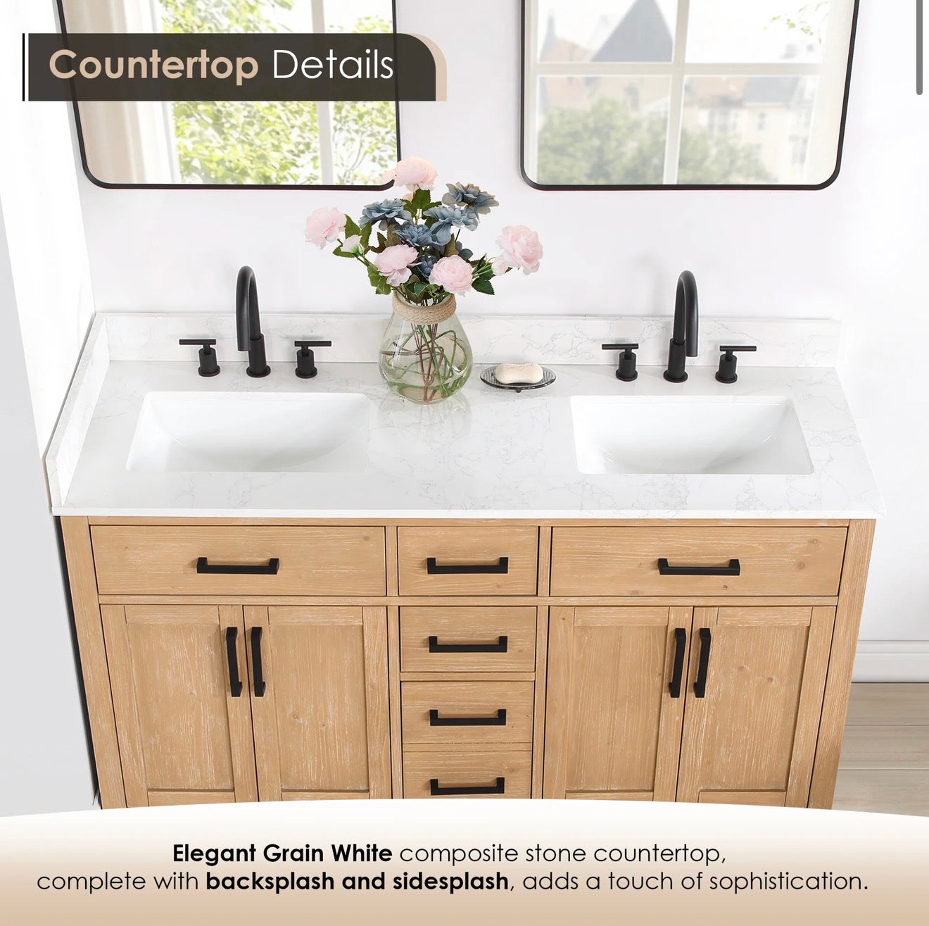 Altair Gavino 60" Double Bathroom Vanity in Light Brown with Grain White Engineered Stone Countertop without Mirror