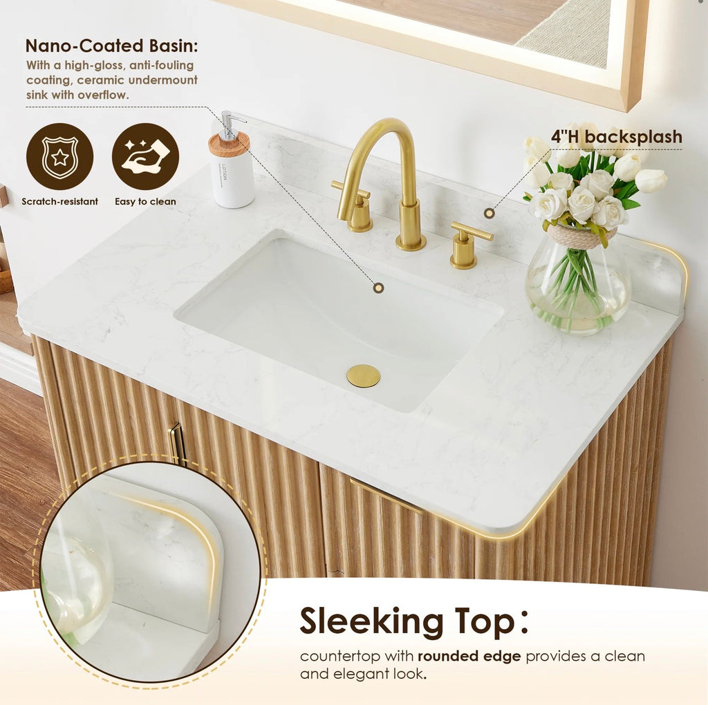 Altair Sierra 36" Single Bathroom Vanity in Washed Light Brown with Grain White Engineered Stone Countertop without Mirror