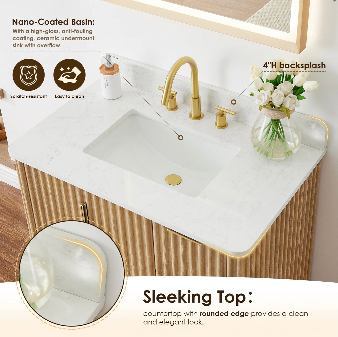 Altair Sierra 36" Single Bathroom Vanity in Washed Light Brown with Grain White Engineered Stone Countertop without Mirror