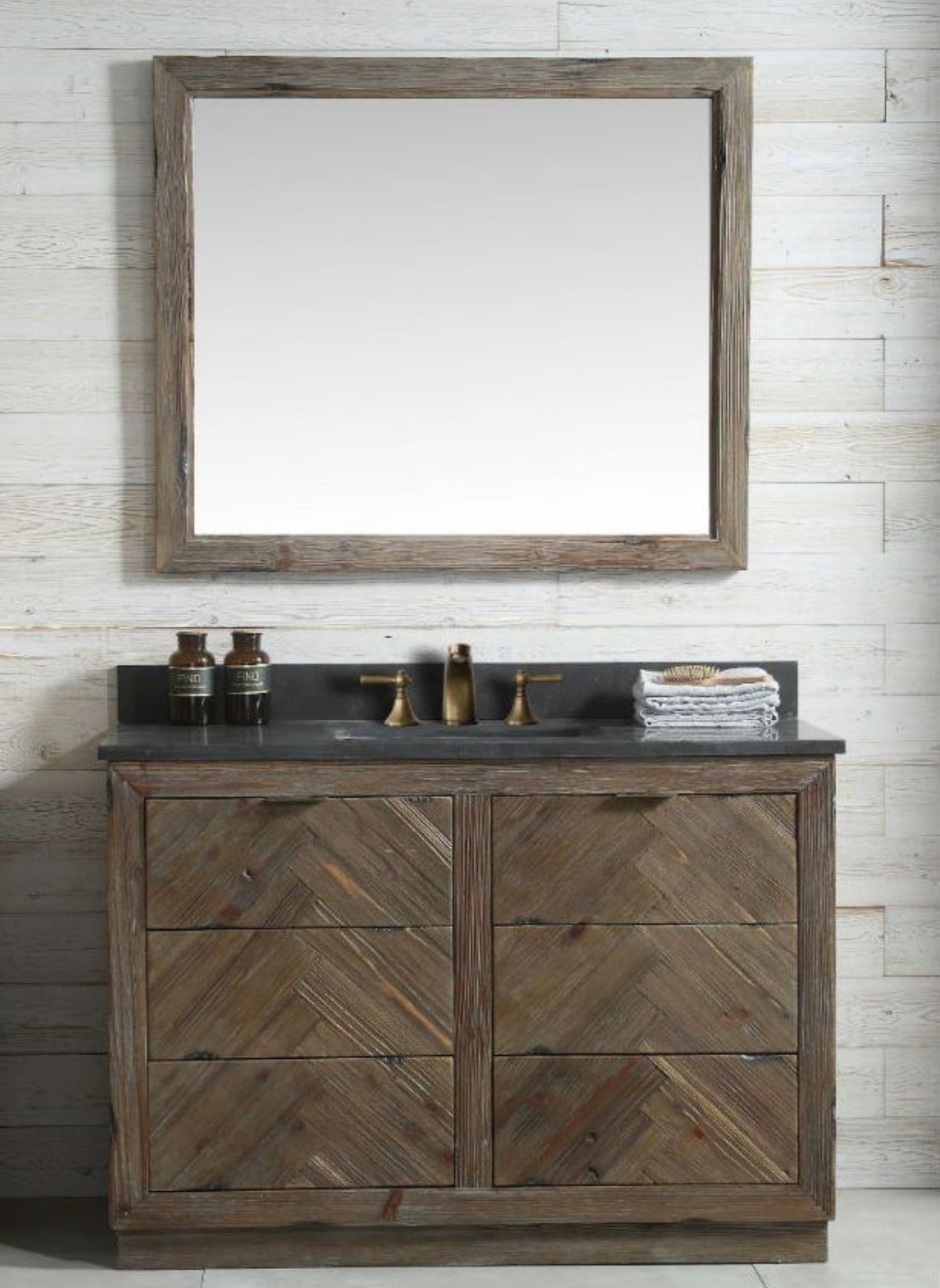 Legion Furniture Rustic Solid Wood Bathroom Vanity with Natural Moon Stone Top – No Faucet