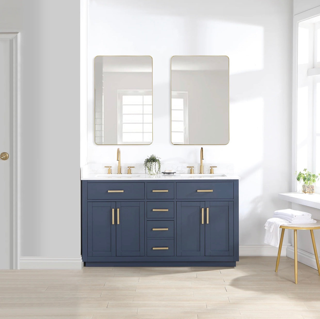 Altair Gavino 60" Double Bathroom Vanity in Light Brown with Grain White Engineered Stone Countertop without Mirror