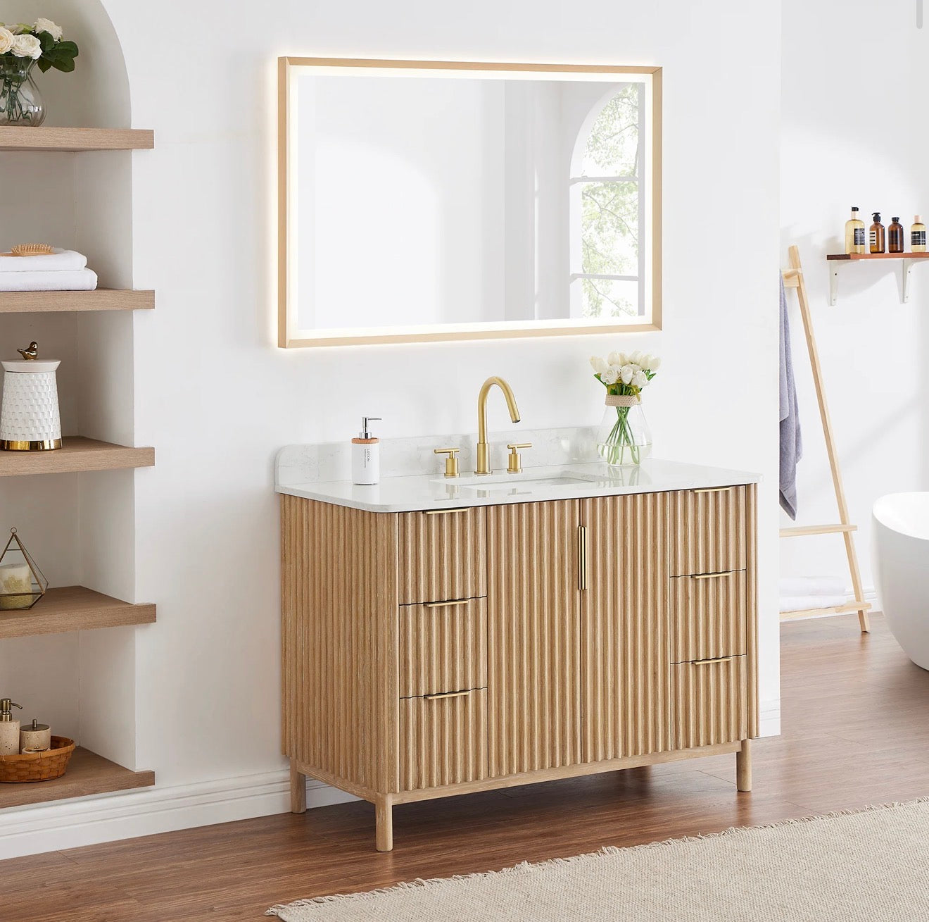 Altair Sierra 48" Single Bathroom Vanity in Washed Light Brown with Grain White Engineered Stone Countertop